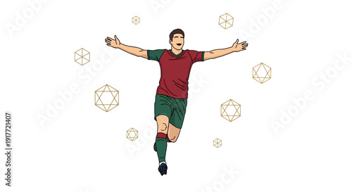 Soccer Player Jumping with Balls Around.
