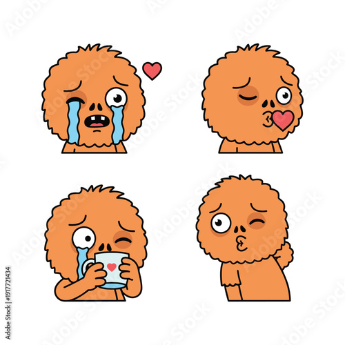 Crying cartoon character with heart eyes and sad emotions in various expressions
