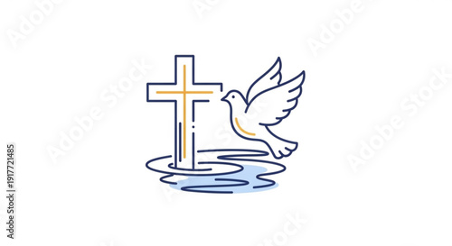 Dove flying near cross in water symbolizing baptism and spirituality