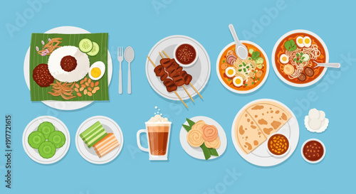 Delicious and diverse collection of Southeast Asian cuisine flat lay illustration