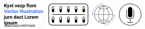 Global communication, online education, podcasting, healthcare, capsules, international connection. Capsule pack, rotating globe and microphone icons. Healthcare and global communication