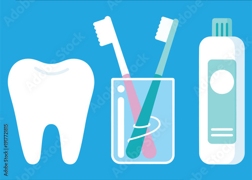 Collection Set, Teeth, Toothbrush in a Glass, and Toothpaste Illustration Artwork Creative Design Template 