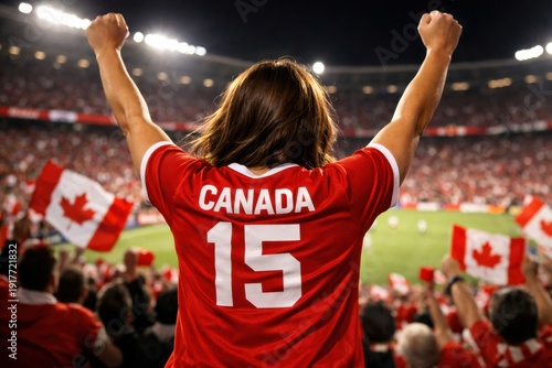 Canadian Female Soccer Fan Celebrating in Stadium
