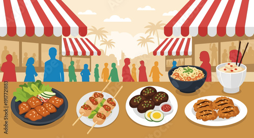 Delicious Asian Street Food Dishes Served at an Outdoor Food Market Stall