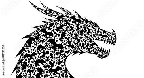 Silhouette of a dragon head composed of hundreds of small flying dragon and floral shapes