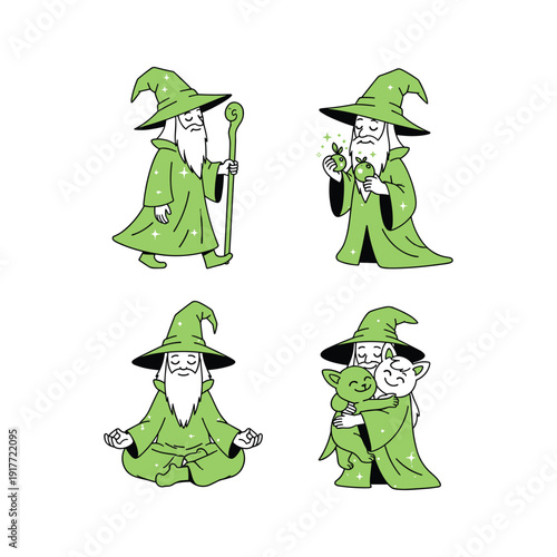 Cartoon wizard set in different poses and meditation with green robes