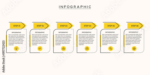 Yellow arrow direction infographic template with 6 stages for startup plan