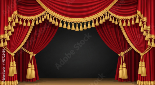 Luxurious red theater curtains with golden tassels and ornate trims on a dark background for events and performances