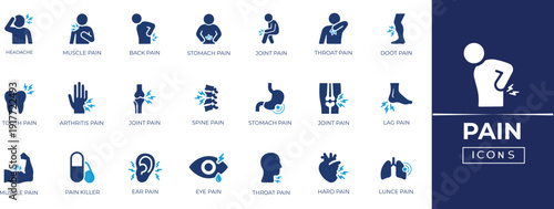 Body pain icon set for backache, headache, injury, muscle, teeth, ear,  and physical therapy symbols. Solid vector icon collection.