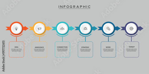 6 steps timeline process infographic with arrow connectors for growth plan