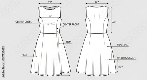 Technical drawing of a sleeveless a line dress with measurements and labels for sewing and fashion design