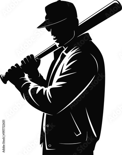 Baseball Player Silhouette with Bat on Shoulder Keywords: baseball player, silhouette, bat