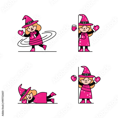 Cartoon witch exercising with hula hoop and dumbbells in various poses with copy space