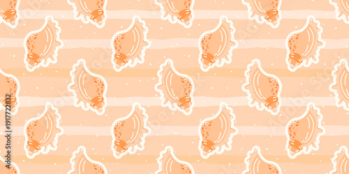 Vector seamless pattern with beige sea shells on a soft beige background. Minimal and modern marine design perfect for summer textiles, wrapping paper, and beach-themed decor
