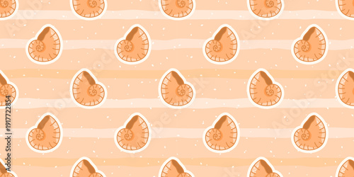 Vector seamless pattern with beige sea shells on a soft beige background. Minimal and modern marine design perfect for summer textiles, wrapping paper, and beach-themed decor