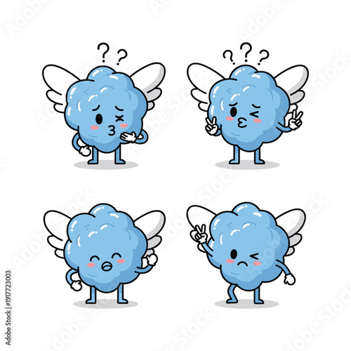 Confused cartoon cloud characters with different emotions and question marks on white background