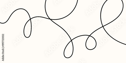 Line, squiggle, and curve for a long, thin cable drawing with an abstract tangle and wavy design. Italian print art curvy thread on a white background creates a black pattern