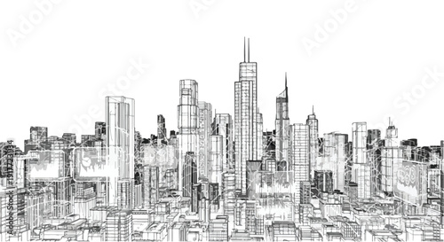 Modern skyscraper city architecture technical sketch