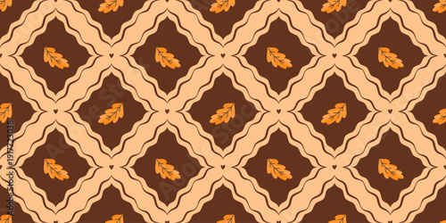 Seamless autumn leaf pattern with oak elements in a warm forest mood. Designed for kids textiles, seasonal wallpaper, and cozy fall wrapping.