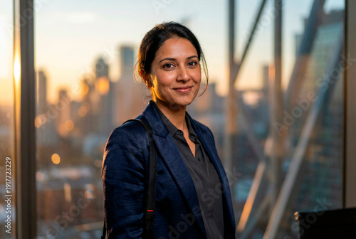Successful Indian businesswoman smiling in a high-rise office at sunset, featuring a professional woman in a suit with city views