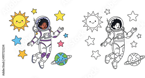 Cute African American astronaut girl floating in space with smiling sun and planet coloring page vector illustration