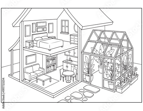 Detailed line art of a two-story dollhouse style home with an adjacent garden greenhouse coloring page