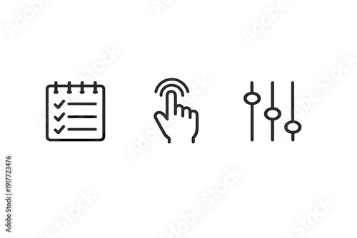 Three black line icons on a white background representing a checklist, a touch interaction, and adjustment sliders. These minimalist symbols are ideal for user interface design.