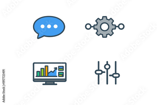 A collection of four flat design icons on a black background representing communication, technical settings, data analytics on a monitor, and control sliders for adjustments.