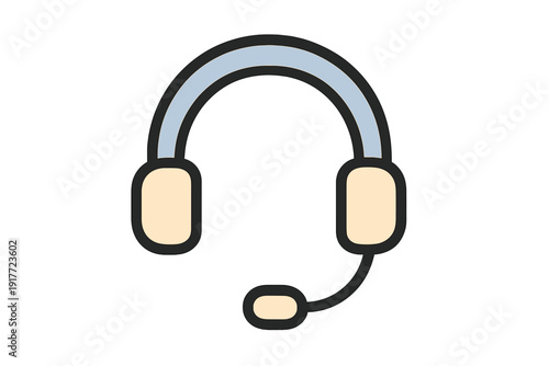 A flat illustration of a headset with a light blue headband and beige ear pads, featuring a built-in microphone. This icon is designed with thick black outlines on a dark background.