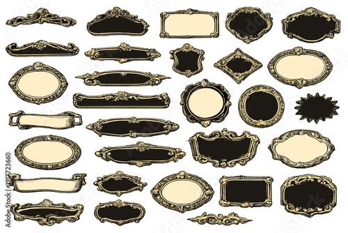 This set includes various vintage ornate frames and decorative labels with intricate baroque flourishes. The hand-drawn engraving style features ovals, banners, and rectangular shapes.
