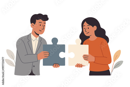 A flat illustration of a man in a grey suit and a woman in an orange sweater holding two matching puzzle pieces together against a black background, symbolizing teamwork and collaboration.