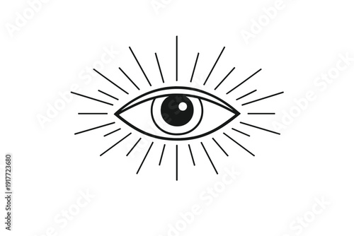 This minimalist graphic illustration features a stylized eye with radiating lines, creating a mystical or spiritual symbol. The design uses clean white lines on a dark background.