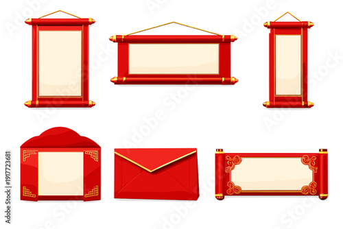 A collection of traditional Chinese red and gold decorative elements including scrolls, envelopes, and banners with blank white spaces for text, set against a solid black background.