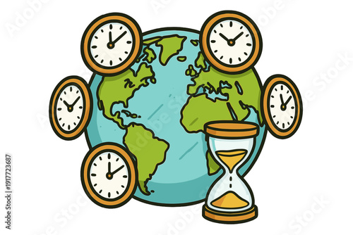 A cartoon illustration of planet Earth surrounded by five analog clocks and an hourglass, representing global time zones and the passage of time across the world.
