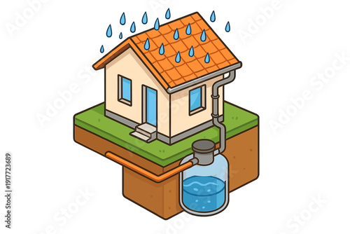 Obraz na plátně An isometric illustration of a house with a rainwater harvesting system, showing rain falling on the roof and being collected in an underground storage tank through a gutter