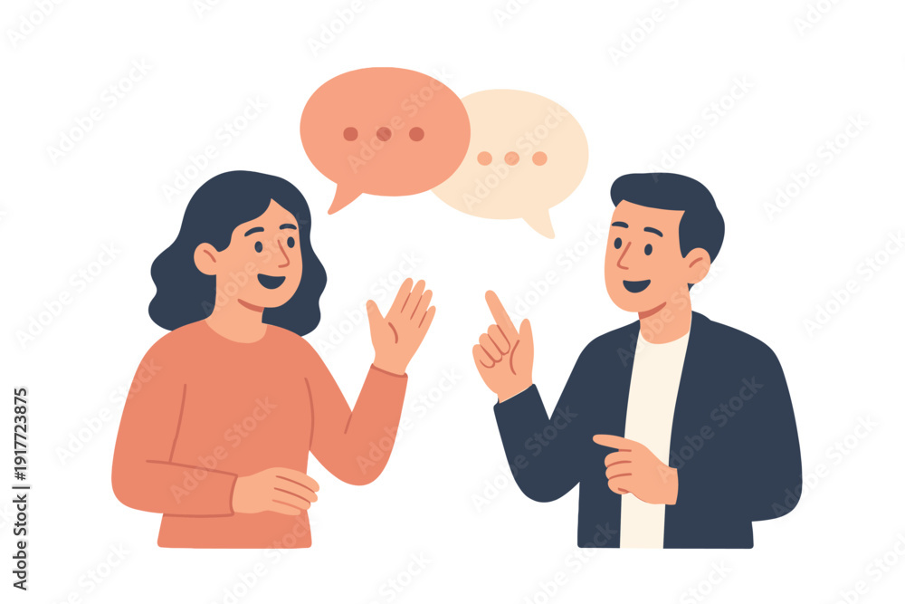 Fototapeta premium A flat illustration of a man and a woman engaged in a conversation with speech bubbles above them. They are gesturing with their hands while talking against a black background.