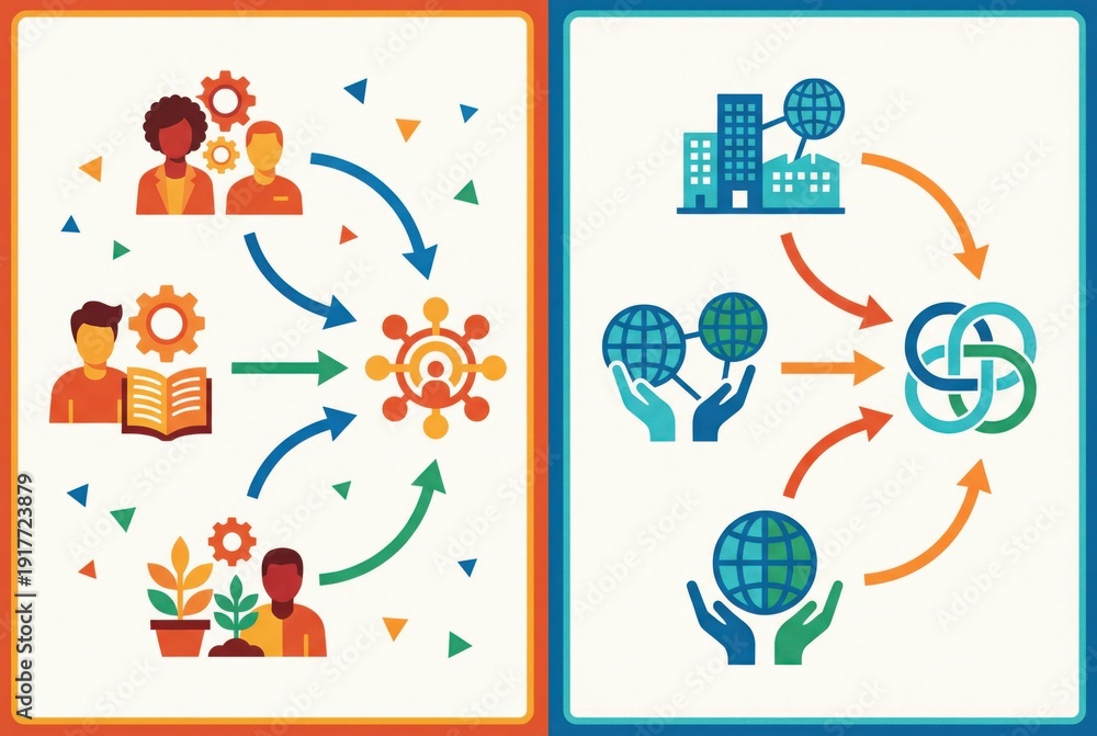 Fototapeta premium Dynamic collaboration concepts illustrated through diverse figures and interconnected graphs emphasizing educational synergy and sustainability strategies for global impact