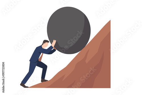 An illustration of a man in a business suit struggling to push a large round stone up a steep incline. It symbolizes hard work, determination, and overcoming obstacles.