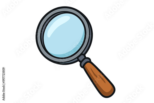 This cartoon illustration features a magnifying glass with a light blue lens and a brown wooden handle. The object is isolated against a solid black background at a diagonal angle.