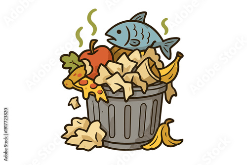 A cartoon illustration of a gray trash can overflowing with food waste, including a fish, an apple, pizza, and banana peels, with wavy lines indicating a bad smell on a black background.