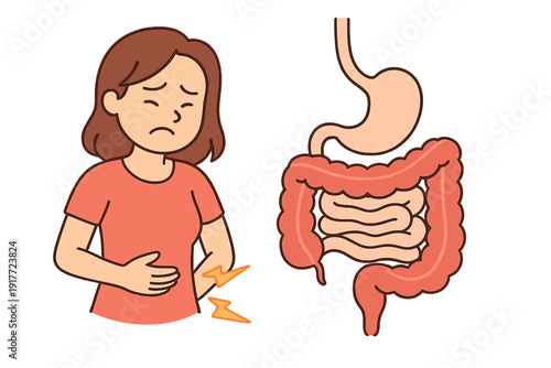 A cartoon illustration of a woman holding her stomach in pain next to a diagram of the human digestive system, including the stomach and intestines on a black background.