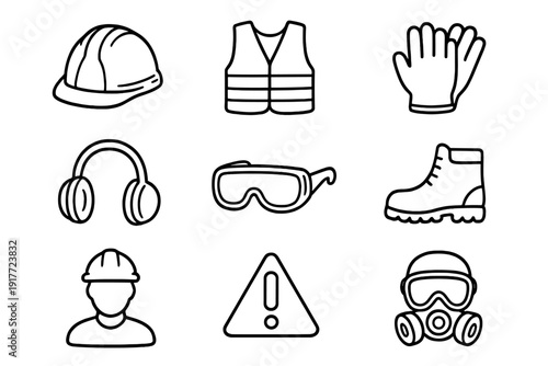 A collection of nine black line icons representing industrial safety equipment including a hard hat, safety vest, gloves, earmuffs, goggles, boots, and a respirator mask.
