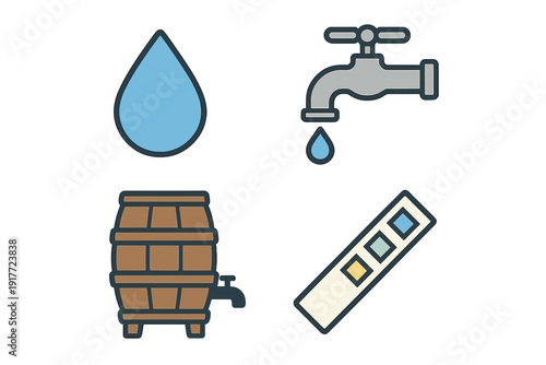 A collection of four flat icons on a black background featuring a large blue water drop, a grey faucet with a drip, a wooden barrel with a tap, and a liquid test strip with colored squares.