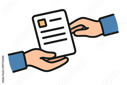 Photos A flat illustration shows two hands exchanging a black document with text lines and a yellow square