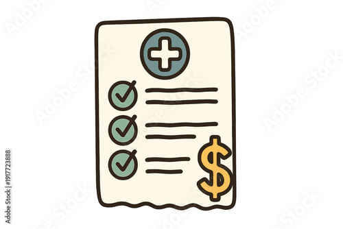 A hand-drawn illustration of a medical bill or insurance document featuring a cross symbol, checkmarks, and a dollar sign on a cream-colored paper against a black background.