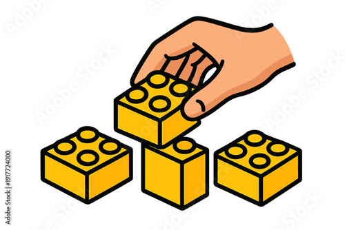 A cartoon illustration of a hand stacking yellow toy building blocks against a black background. The image depicts the process of construction and play with simple plastic bricks.