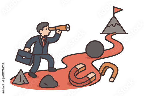 A businessman in a suit looks through a telescope while walking along a winding path toward a mountain peak with a flag, navigating past various obstacles like rocks and magnets.