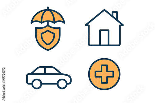 Four stylized icons depicting insurance concepts like home, car, medical, and general protection with an umbrella and shield, set against a dark background in blue and orange.
