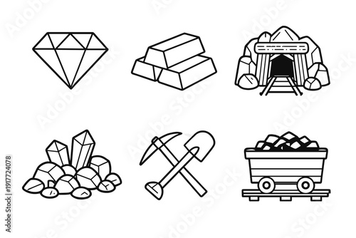 A collection of six white line art icons depicting mining elements including a diamond, gold bars, a mine entrance, crystals, a pickaxe with a shovel, and a loaded mine cart.