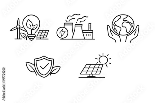 A collection of five minimalist black line icons representing renewable energy and environmental protection, including solar panels, wind turbines, and the earth held in hands.